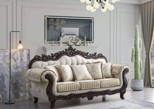 Luxury handcrafted wooden carved sofa with elegant upholstery and intricate detailing, perfect for premium living room decor