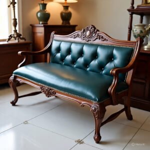 Luxury handcrafted wooden sofa set with carved solid wood frame and dark teal tufted upholstery in a classic royal living room interior.