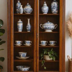 Wooden crockery cabinet “Elegant solid wooden crockery cabinet with glass doors and shelves displaying blue and white ceramic dishes, perfect for dining room storage and décor”