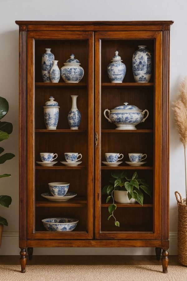 “Elegant solid wooden crockery cabinet with glass doors and shelves displaying blue and white ceramic dishes, perfect for dining room storage and décor”