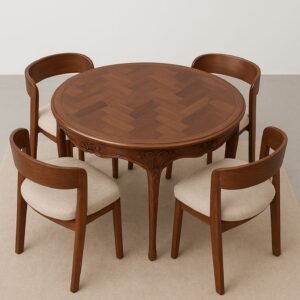 Wooden dinning Table set “Elegant round solid wooden dining table set with four upholstered chairs, featuring carved detailing and premium finish for modern dining spaces”