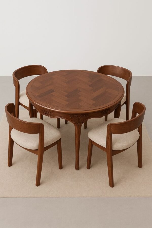 Wooden dinning Table set “Elegant round solid wooden dining table set with four upholstered chairs, featuring carved detailing and premium finish for modern dining spaces”