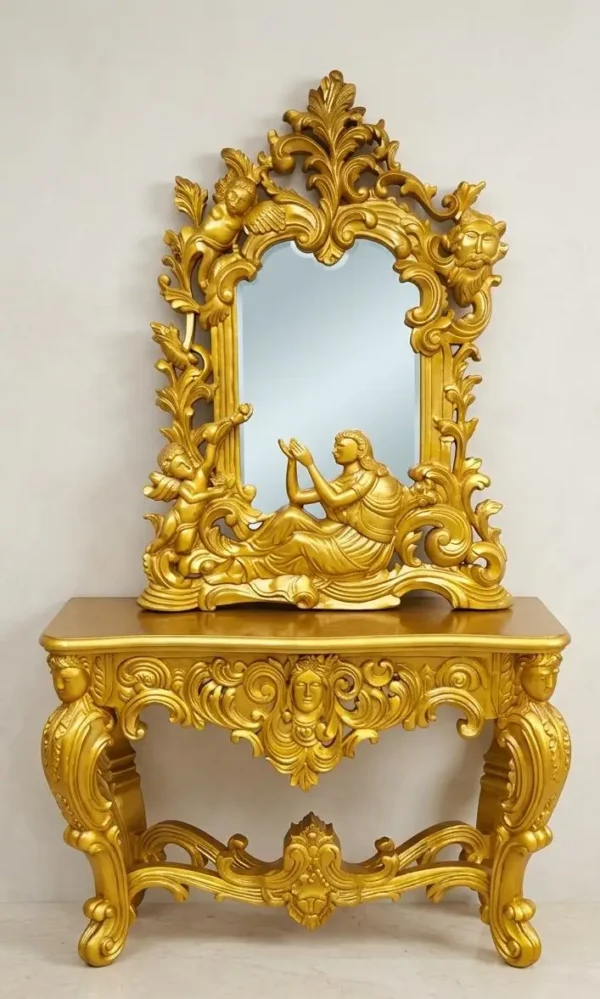 Premium teak wood furniture frame with decorative golden polish in showroom