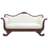 Elegant handcrafted solid wood 3-seater sofa with curved wooden frame, white upholstered cushions, and vintage-inspired luxury design for premium living room interiors.