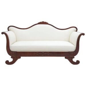 Elegant handcrafted solid wood 3-seater sofa with curved wooden frame, white upholstered cushions, and vintage-inspired luxury design for premium living room interiors.