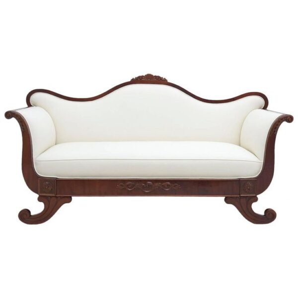Elegant handcrafted solid wood 3-seater sofa with curved wooden frame, white upholstered cushions, and vintage-inspired luxury design for premium living room interiors.