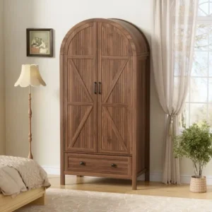arched-wooden-almirah-for-clothes-walnut-finish Arched wooden almirah for clothes with walnut finish and double doors for bedroom storage