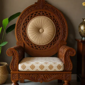Handcrafted wooden sofa chair in solid teak with walnut brown matte finish and upholstered high-density foam cushion