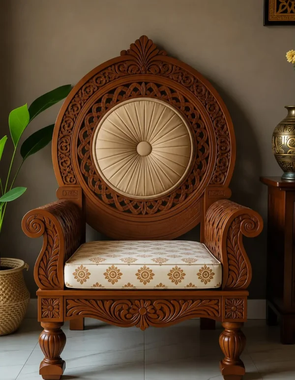 Handcrafted wooden sofa chair in solid teak with walnut brown matte finish and upholstered high-density foam cushion