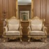 wooden sofa for websicte Royal Wooden Sofa Set with antique gold finish, premium beige upholstery, solid wood frame, classic living room furniture by The Wooden Atelier.