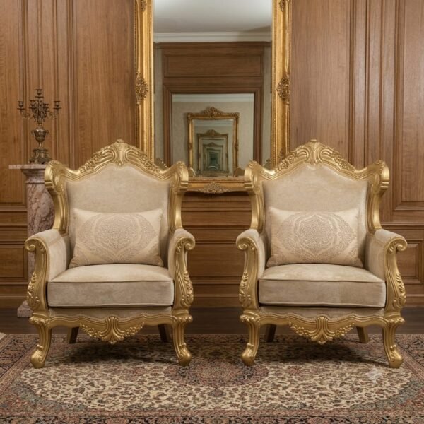 wooden sofa for websicte Royal Wooden Sofa Set with antique gold finish, premium beige upholstery, solid wood frame, classic living room furniture by The Wooden Atelier.