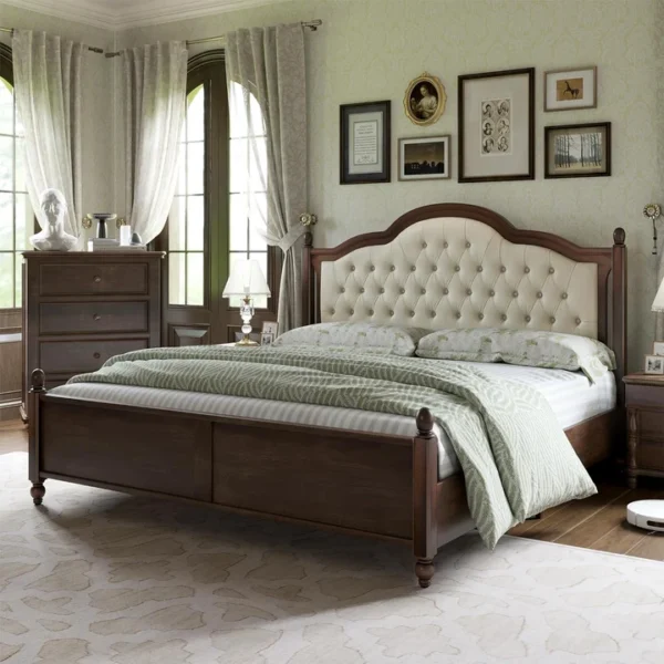 Solid Wood Bed Frame Upholstered Tufted Headboard Bed