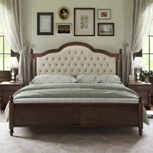 Bed Solid Wood Bed Frame Upholstered Tufted Headboard Bed