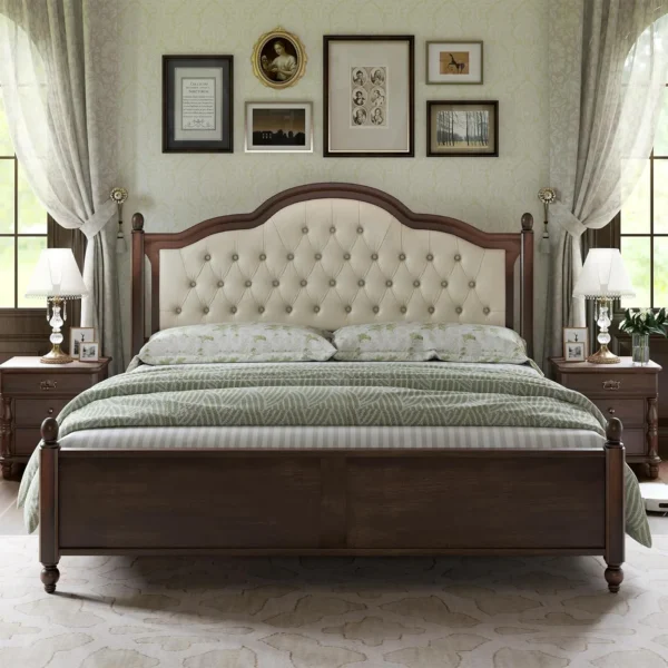 Solid Wood Bed Frame Upholstered Tufted Headboard Bed